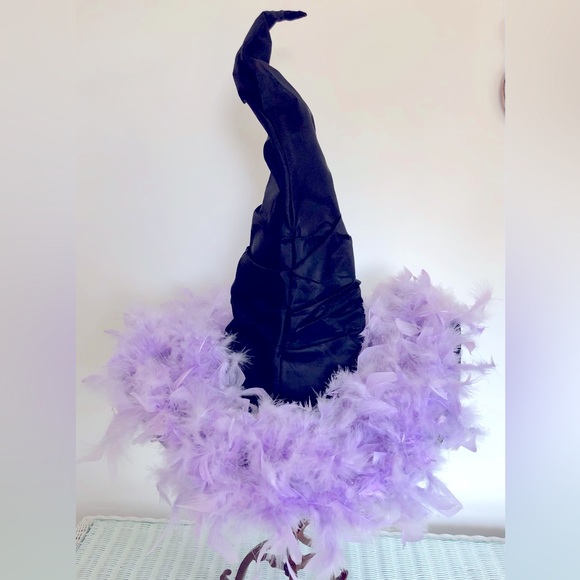 Witch hat Black Lavender feathers Natural. pleated19" Tall Crown 19" wide. - Picture 3 of 15